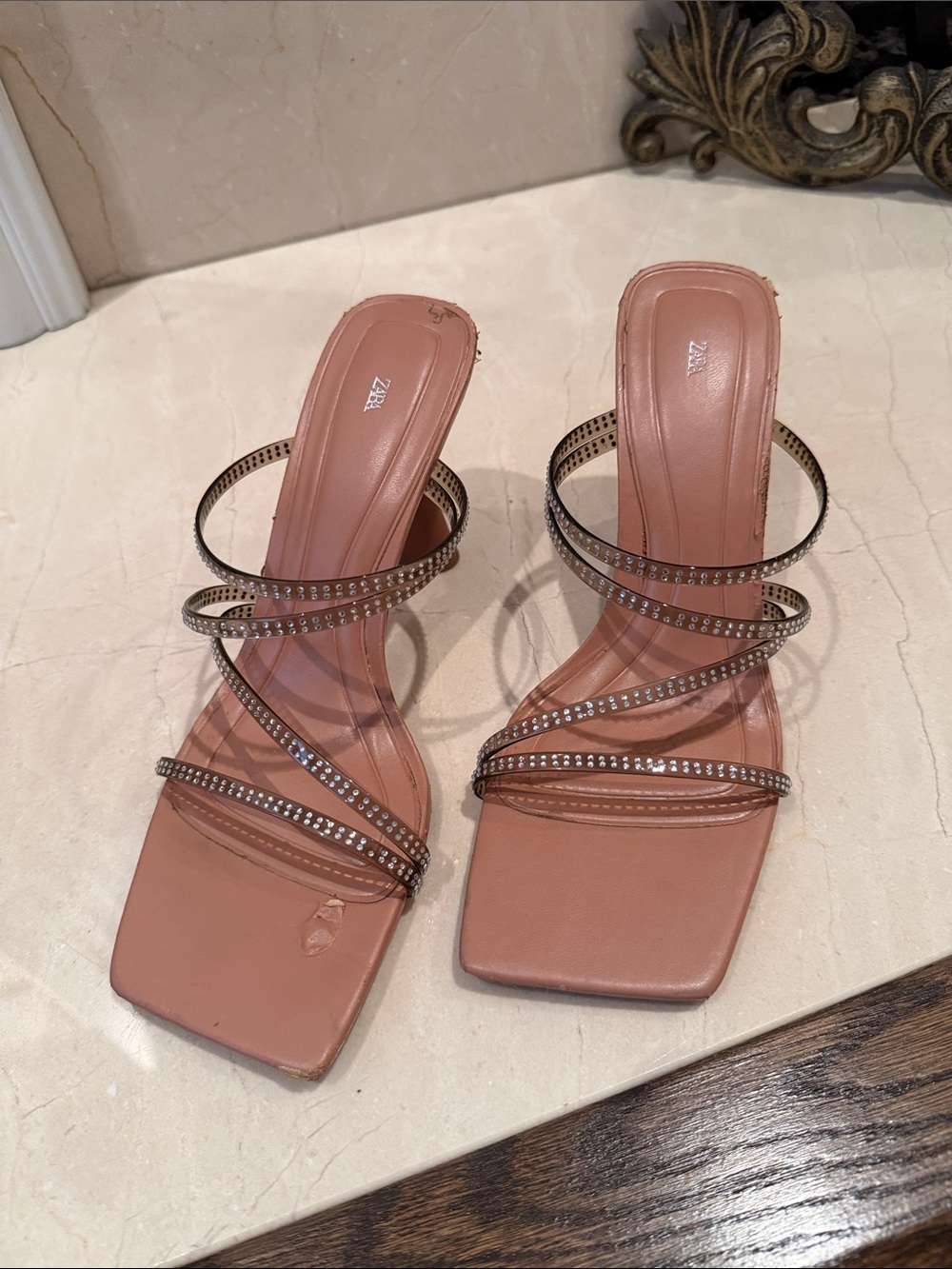 Zara Blush Tan Rhinestone Strap Slide Heels